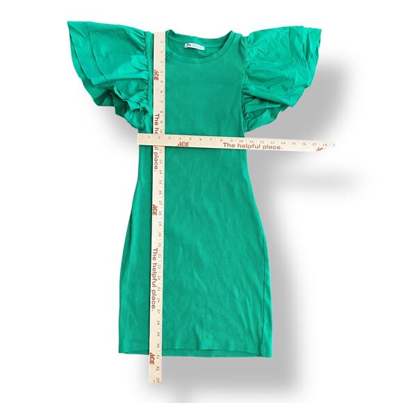 Zara Green Ribbed Ruffle Sleeve Bodycon Mini Dress Size M Preppy Spring - Picture 3 of 8